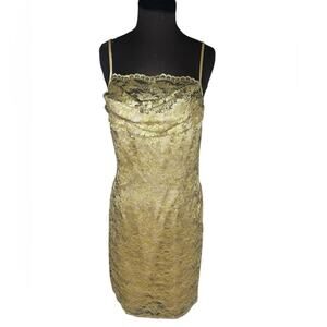 Vtg Gold Lace Cowl Neck Glam Slip Dress Womens Size 10 Romantic Fairy Coquette